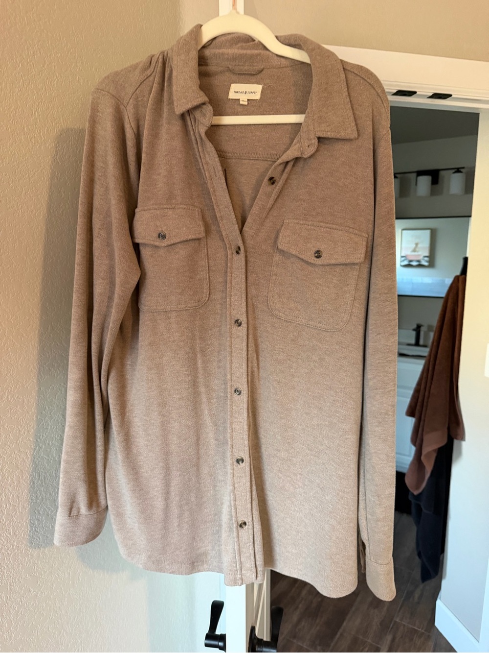 Thread & Supply Taupe Button-Front Knit Shirt Jacket